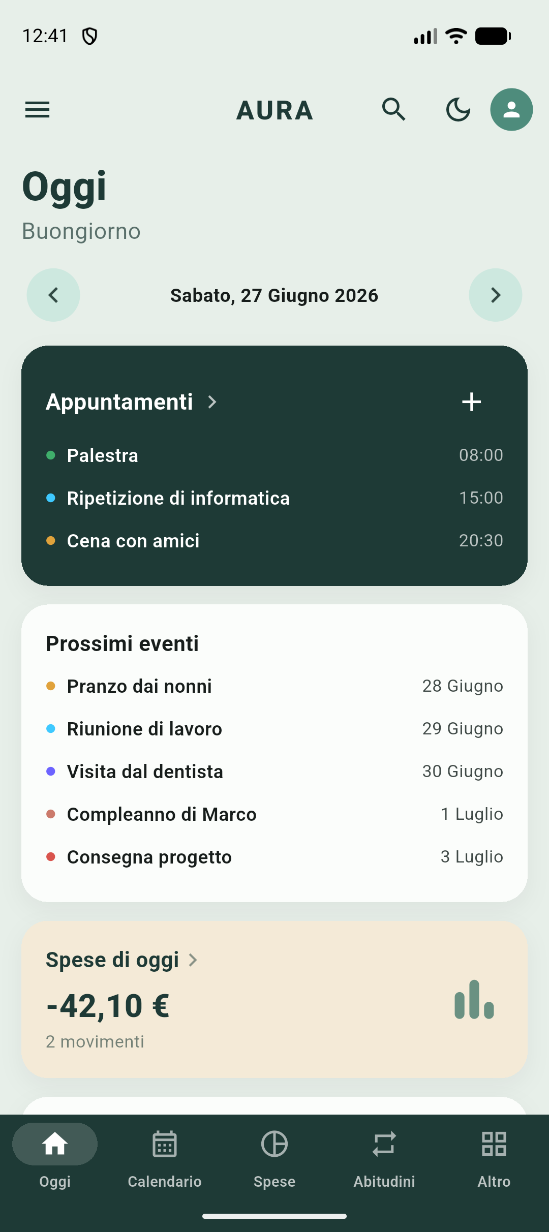 AURA — schermata Oggi: appuntamenti, prossimi eventi e spese
