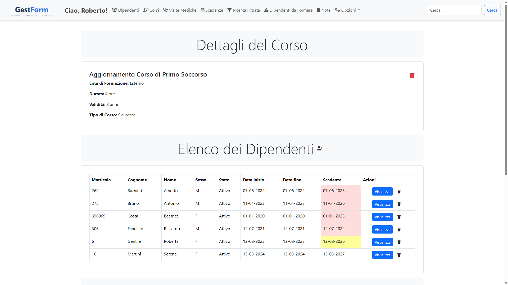 GestForm — dettaglio di un corso con gli iscritti e lo stato della scadenza