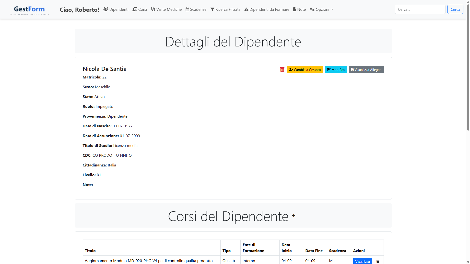 GestForm — scheda di un dipendente con anagrafica, corsi e visite
