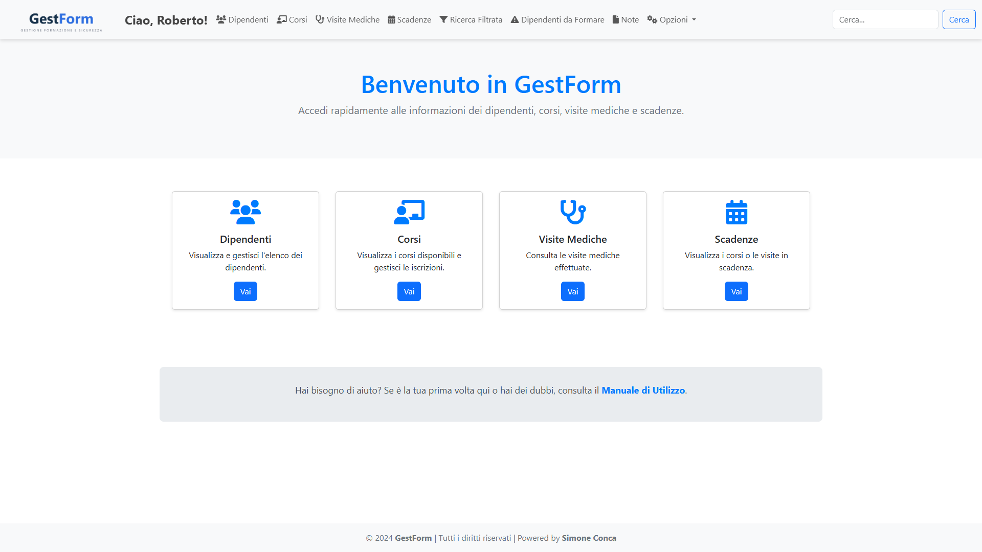 GestForm — schermata home con i quattro moduli