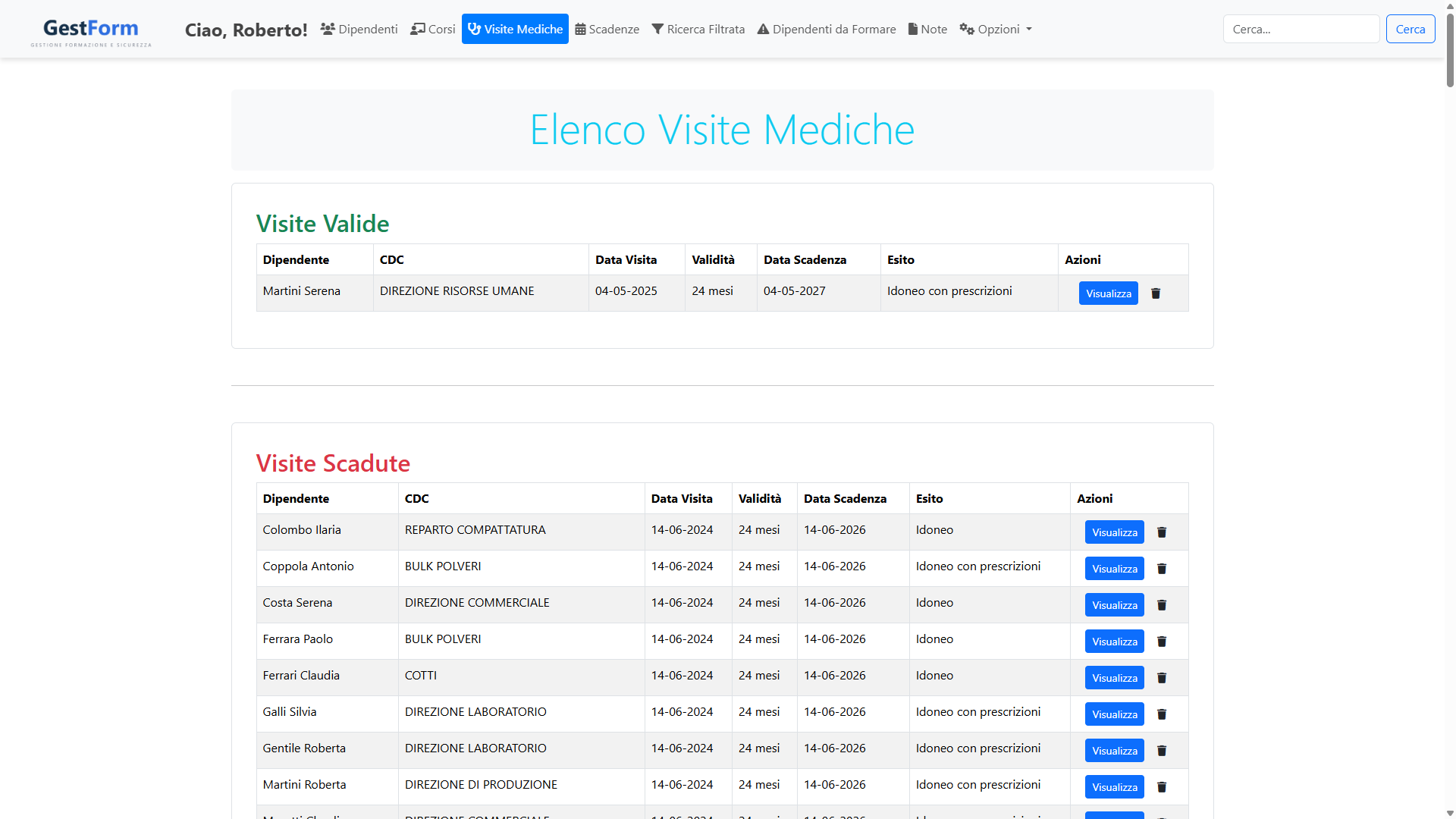 GestForm — elenco visite mediche valide e scadute
